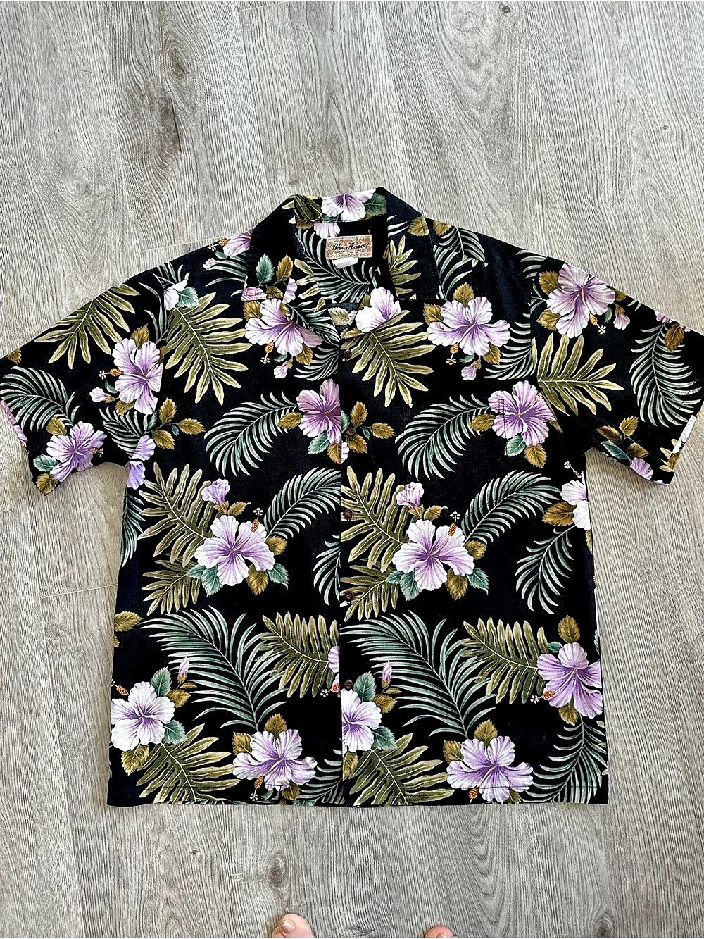 Blue Hawaii Aloha Shirt Black & Purple Hibiscus 2XL (Fits L/XL) Vintage Tropical